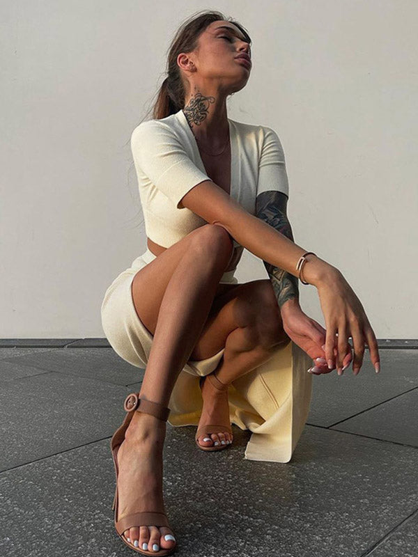 Knitting Half Sleeves Buttons Tee&Skirt Suits