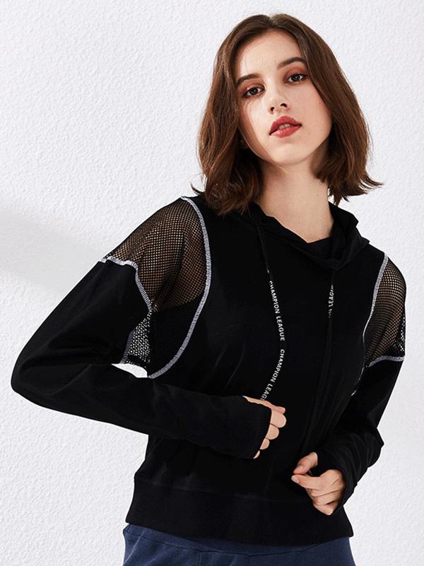 Mesh Solid Loose Hooded Yoga&Gym Tops