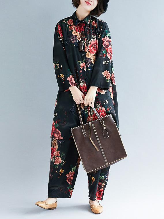 Loose Black Flower Print Lapel Long Sleeves Blouse + Pants Suits