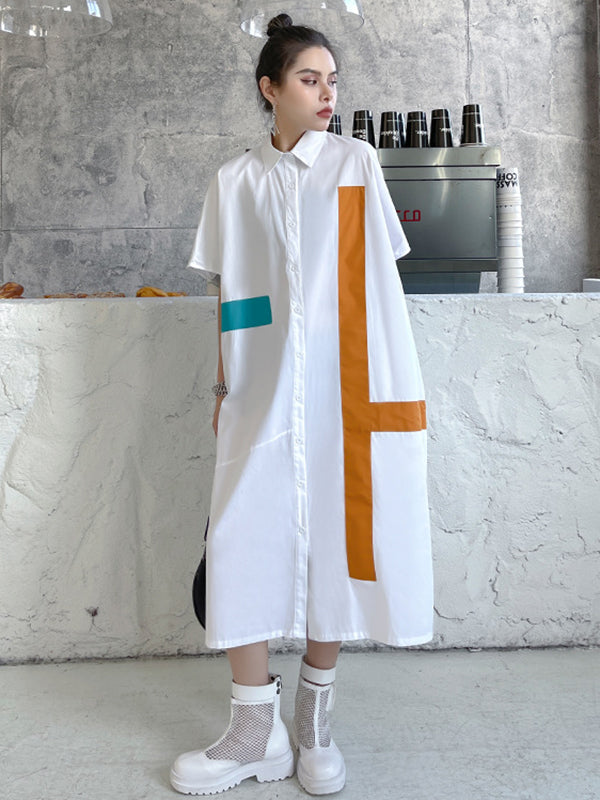 Original Loose Contrast Color Striped Printed Midi Shirt Dress