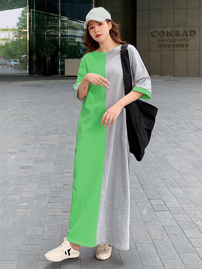 Casual Color Matching Round-Neck Long Sleeves Maxi Dress