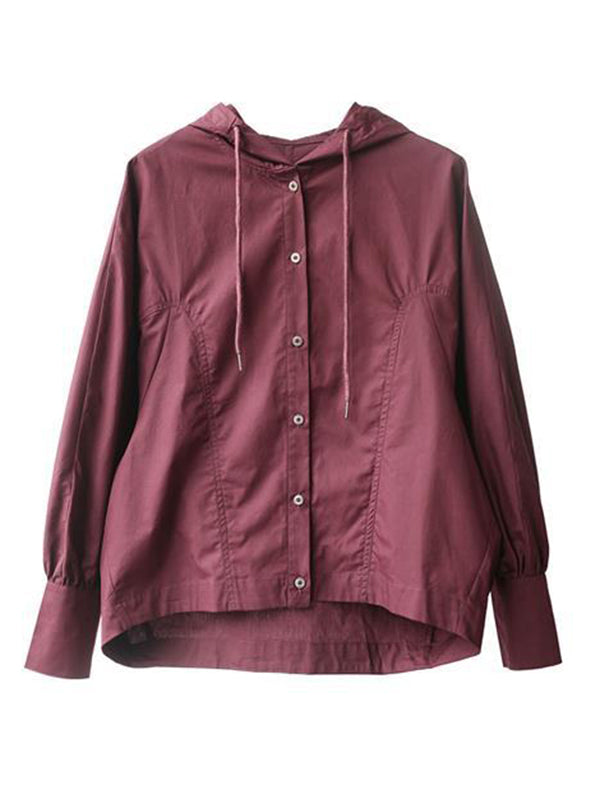 Casual Buttoned Drawstring Solid Color Batwing Sleeve Outerwear