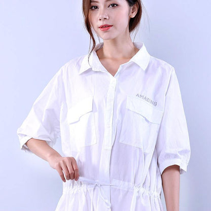 Cotton Loose Pocket Women Lacing White Dress