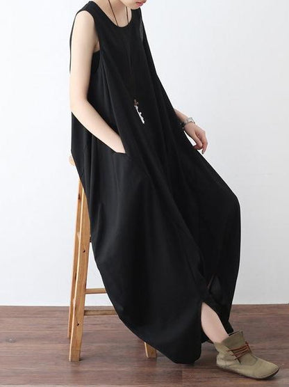 Black Round-neck Split-front Sleeveless Jumpsuits