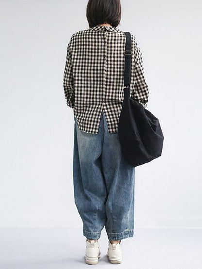 Linen Back-button Plaid Loose Blouse Top
