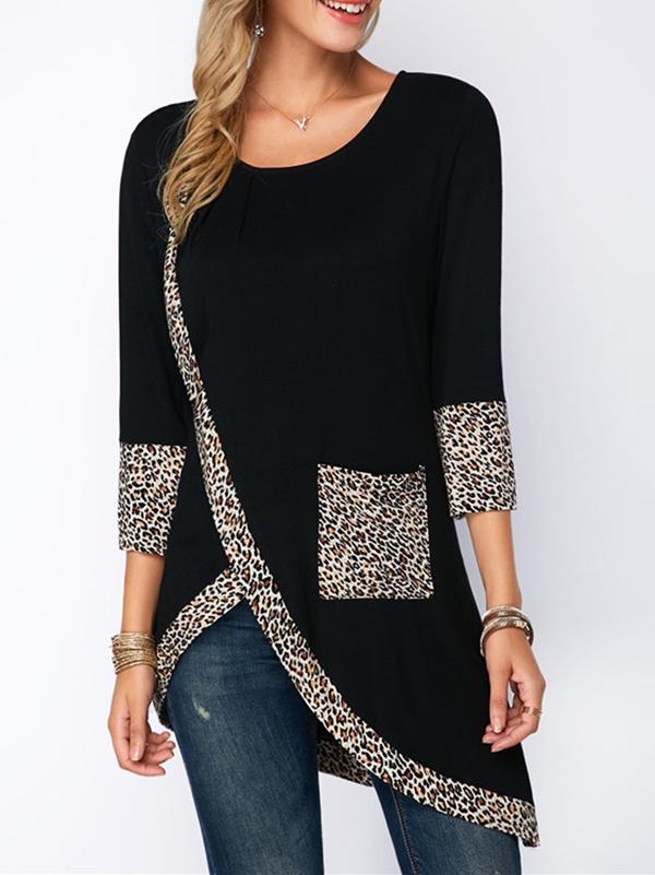 Round-Neck Leopard Printed Three Points Sleeves Blouse