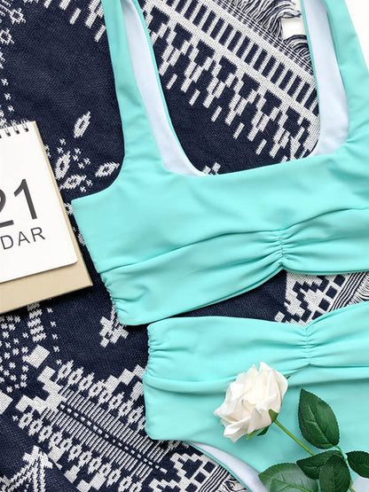 Solid Color Ruffled High-Waisted Bikini Swimwear