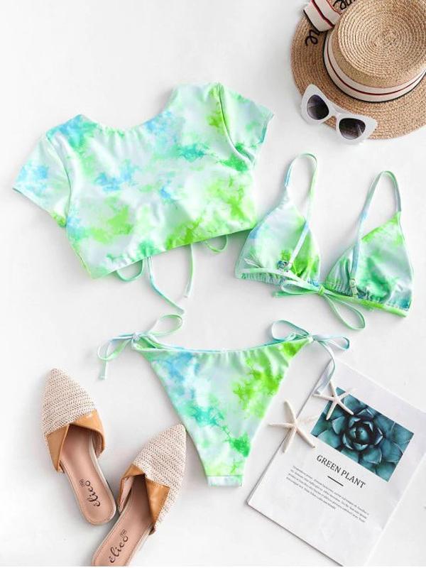Tie-Dyed Short Sleeve & Triangle Three-Piece Split Bikini Swimsuit