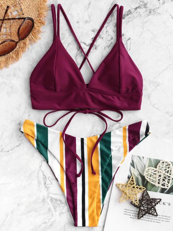 Striped Bandage Backless Split Bikini Swimsuit