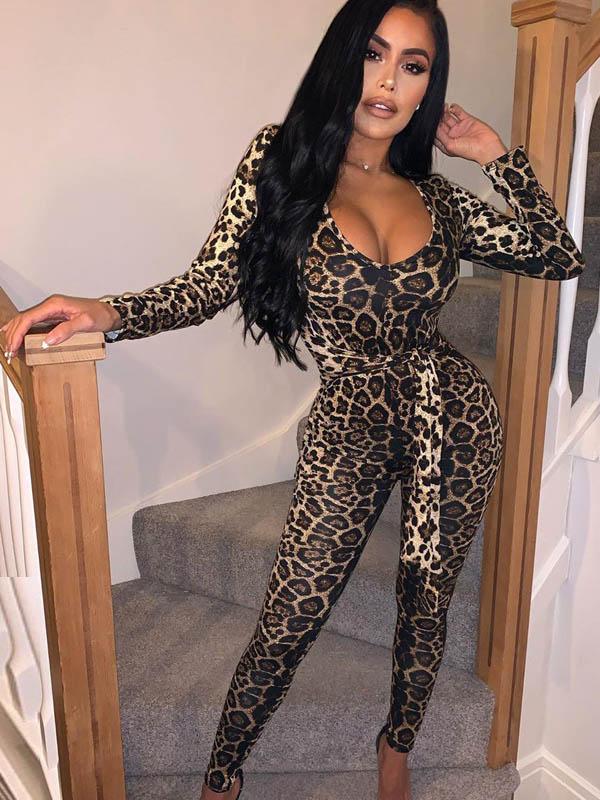 Leopard V-Neck Waistband Yoga Jumpsuits