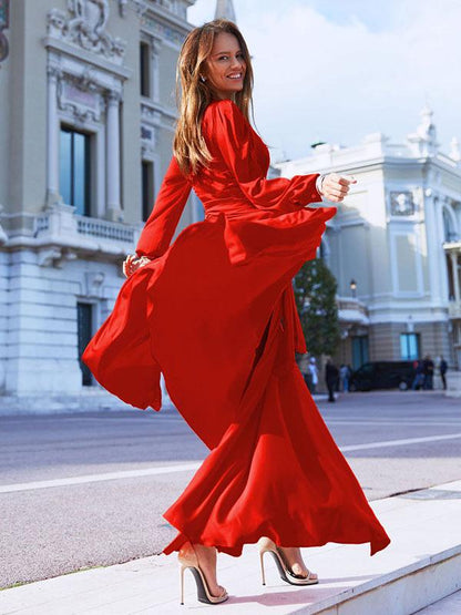 V-neck Long Sleeves Solid Color Belted Maxi Evening Dress