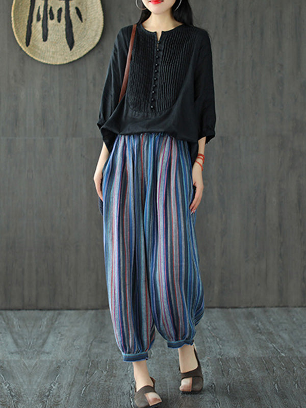 Original Linen Solid Color Pleats T-Shirts Tops