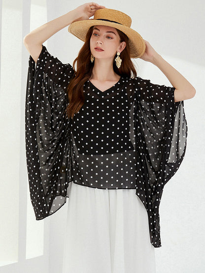 Original Loose Chiffon Polka-Dot Irregular Shirt Top