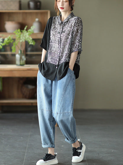 Original Printing Half Sleeve Lapel Blouse Tops