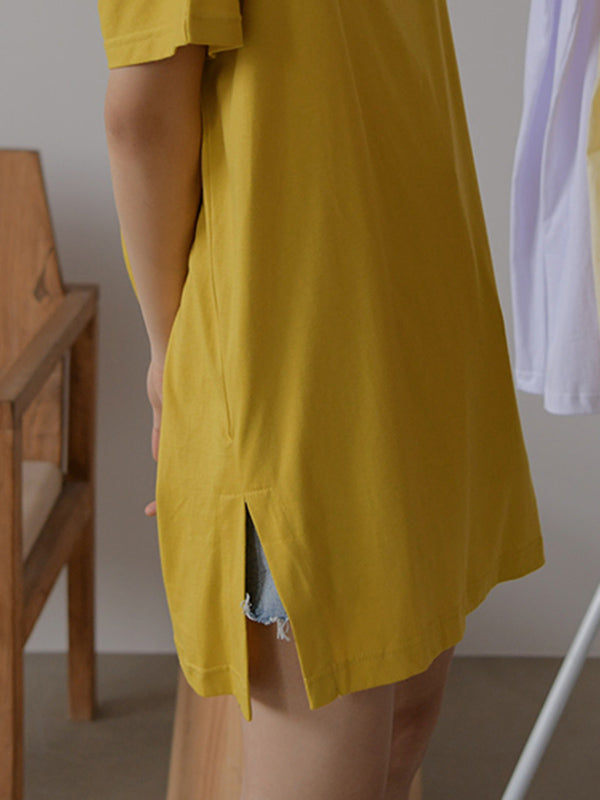 Simple Casual Loose 5 Colors Split-Side Round-Neck Short Sleeves T-Shirt Tops