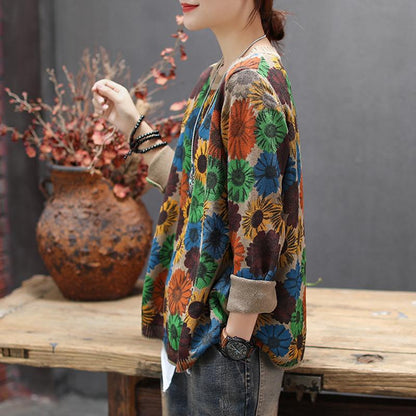 Buykud Casual Retro Floral Printed O-neck Knitted Shirt