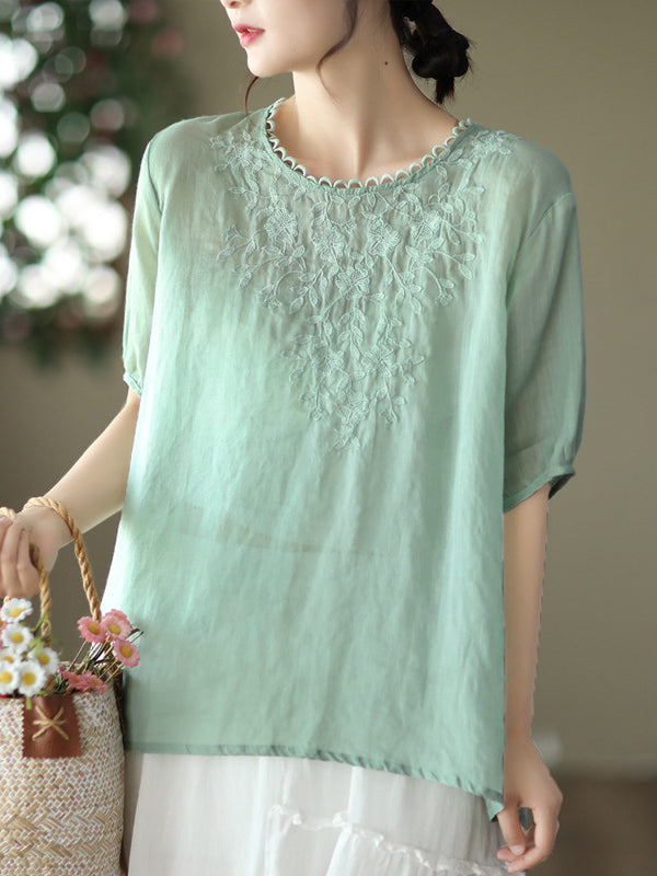 Artistic Retro Vintage Loose Ramie Cotton Embroidered T-Shirt Top
