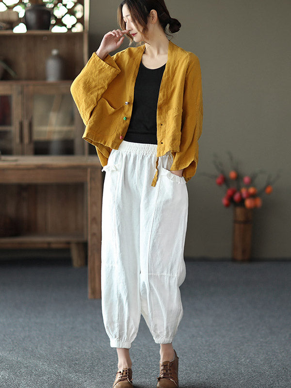 Casual V-Neck Linen Batwing Sleeves Outerwear