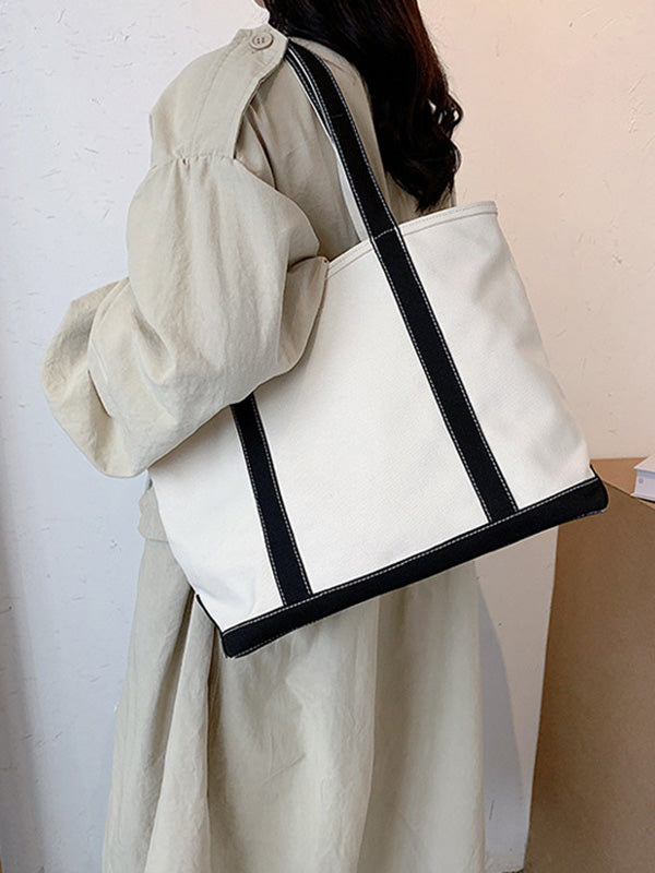 Simple Split-Joint Canvas Shoulder Bag Tote Bag