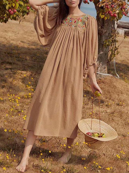 Vacation Embroidered Long Sleeves Midi Dress