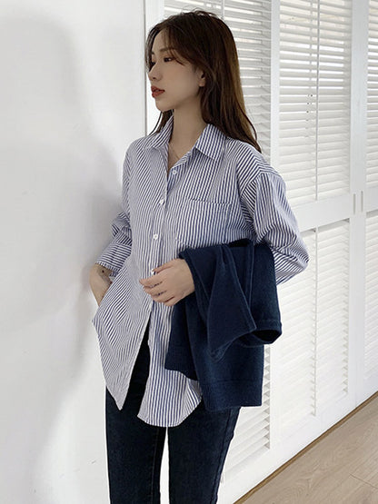 Simple Striped Buttoned Lapel High-Low Long Sleeves Blouse Tops