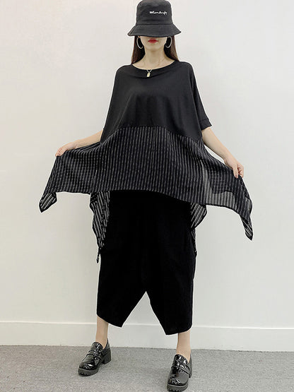 Stylish Cropped Split-Joint Striped Batwing Sleeves Split-Side T-Shirt