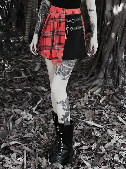 Punk A-Line  Contrast Color Plaid Split-Joint Skirts Bottoms