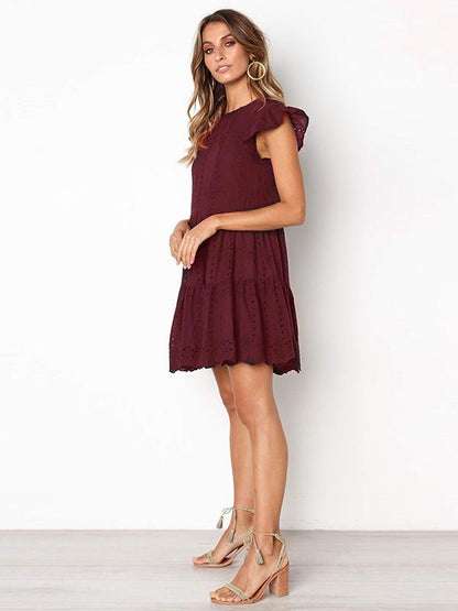 Solid Color Round Neck Hollow Mini Dress