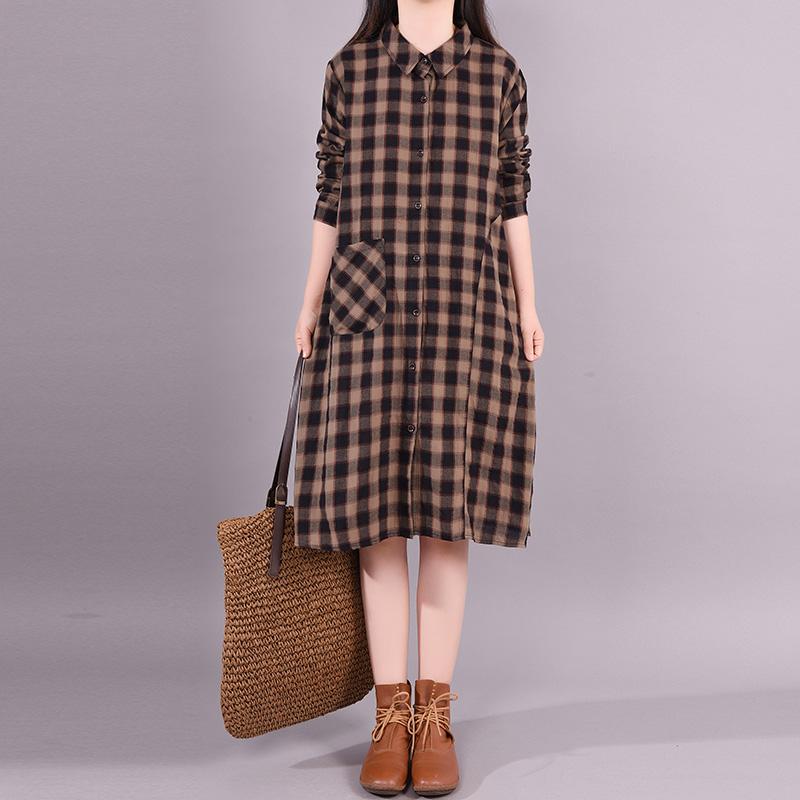 Buykud Casual Plaid Comfortable Single Breasted Dress