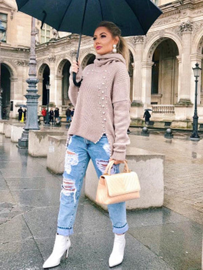 High-neck Long Sleeves Loose Knitting Sweater Tops