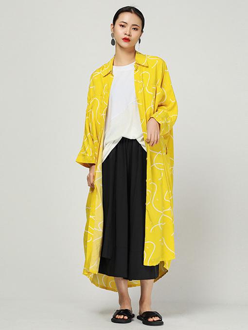 Original Ramie Cotton Printed Lapel Long Blouse Dress