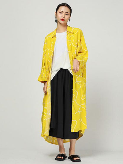 Original Ramie Cotton Printed Lapel Long Blouse Dress