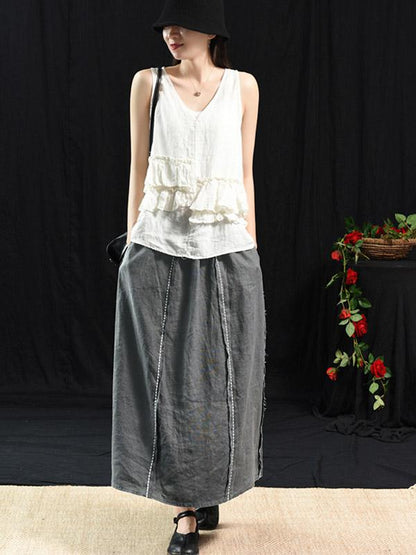 Casual Linen Cropped Long Skirt