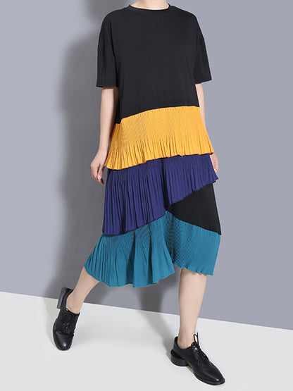 Original Contrast Color Split-Joint Round-Neck Midi Dress