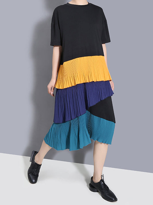 Original Contrast Color Split-Joint Round-Neck Midi Dress