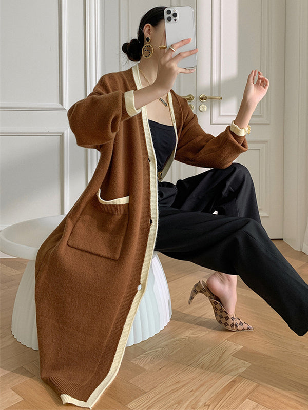 Stylish Loose Long Sleeves Split-Joint V-Neck With Pockets Cardigan Tops