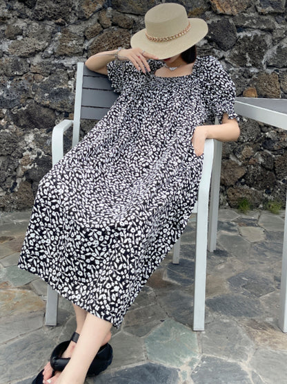 Fashion Floral Printed Square-Neck Puff Sleeves A-Line Midi Dress