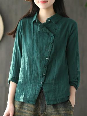 Ramie Cotton Solid Diagonal Button-design Shirt Top
