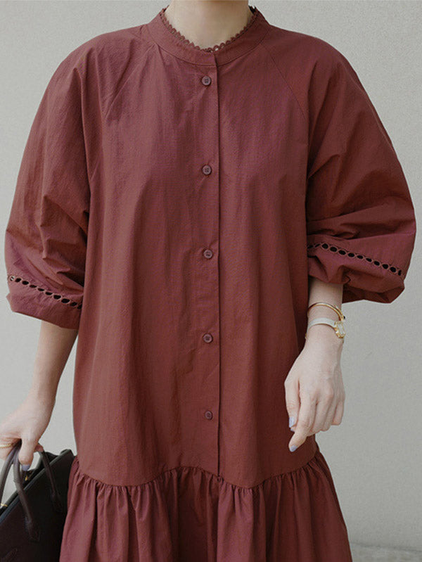 Casual Solid Color Pleated Buttoned Stand Collar Hollow Puff Sleeves Midi Dress