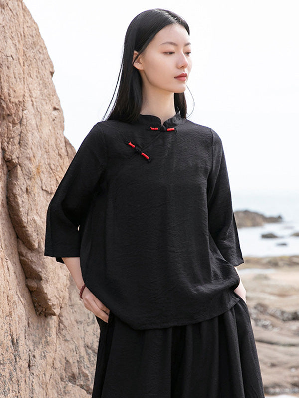 Vintage Tencel Buttoned Stand Collar High-Low Half Sleeves T-Shirt