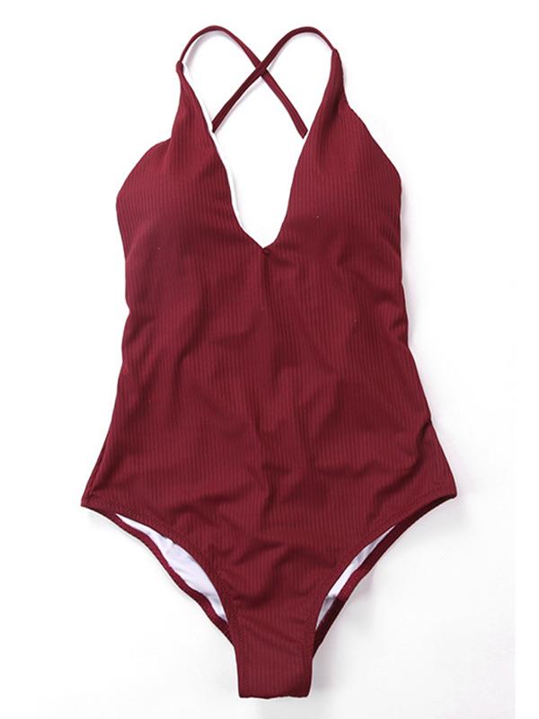 Plain Ribbed One-piece Swimwear