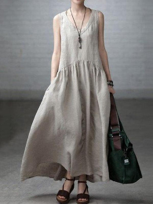 Beige Linen V-neck Sleeveless Ruffled Long Dress