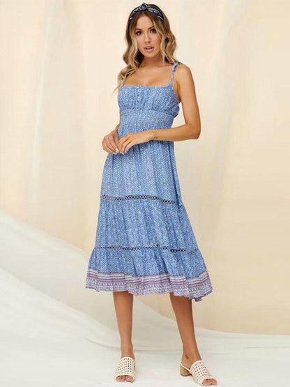 Printed Hollow Split-joint Spaghetti-neck Maxi Dress