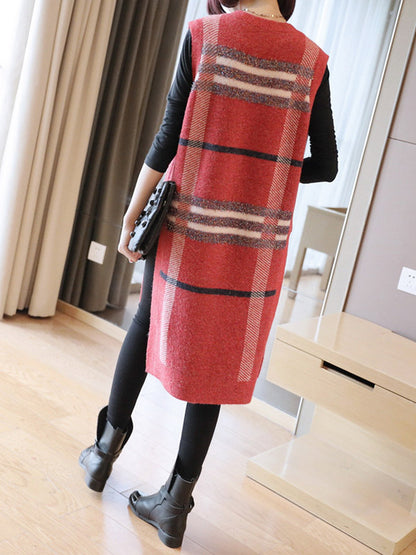 Artistic Retro Striped Split-Side Round-Neck Sleeveless Knitted Vest