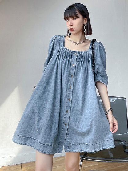 Stylish Denim Blue Pleated Square-Neck Half Sleeves H-Line Mini Dress