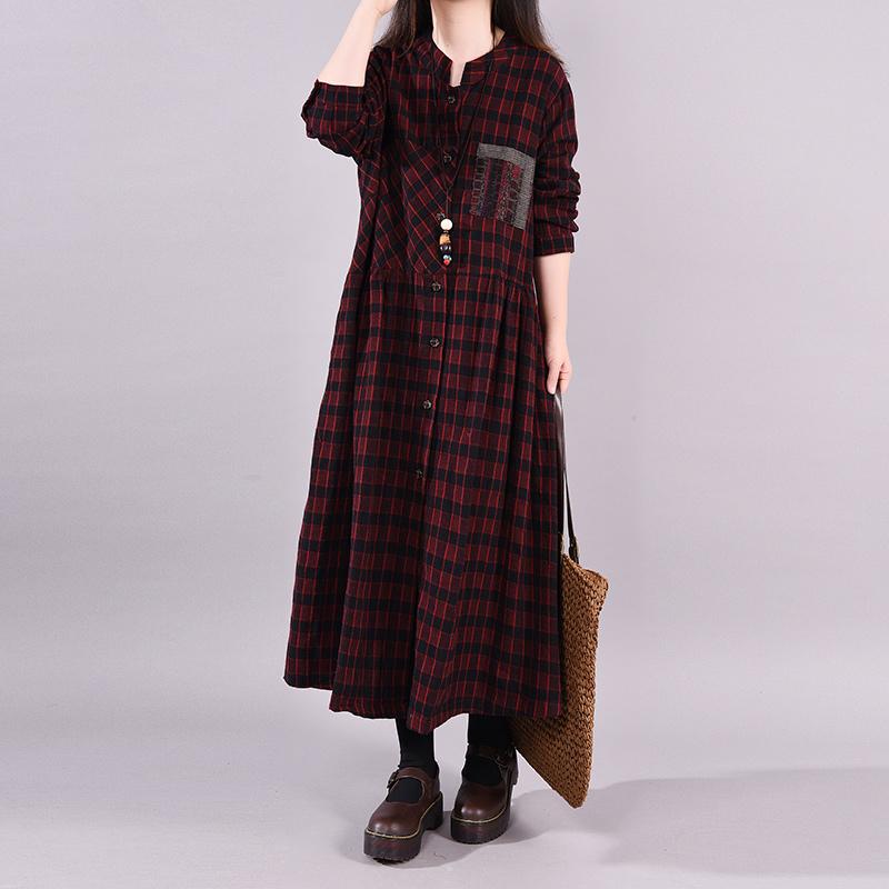 Buykud Long Sleeve Casual Plaid Patchwork Cotton Dress