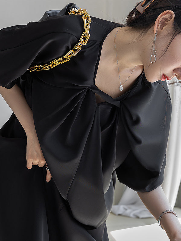 Original Stylish Solid Color Loose Pleated Midi Dress