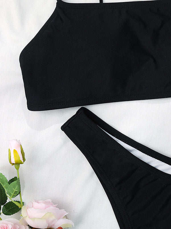 Solid Color U-Neck Backless Bikini Swimwear
