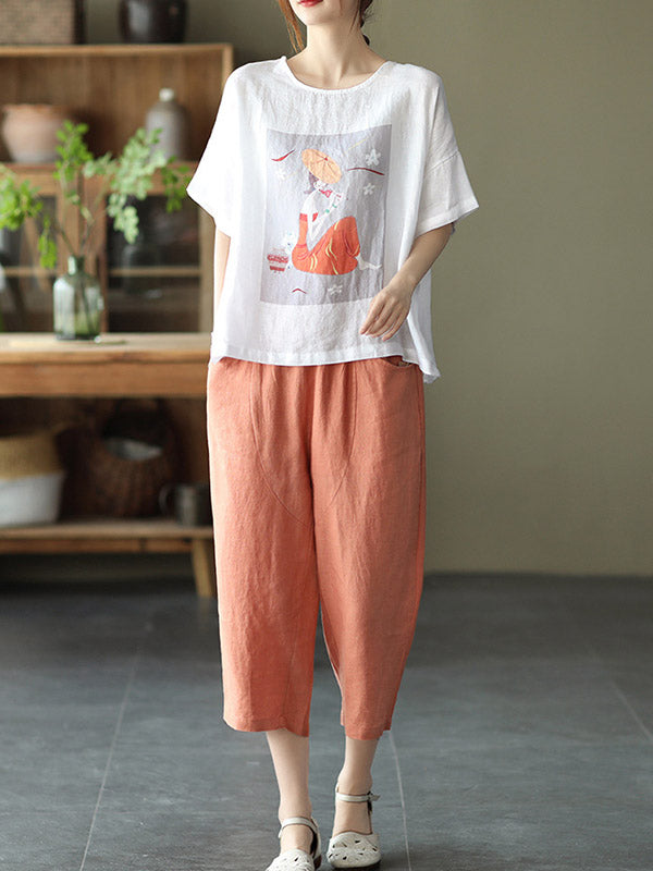 Ramie Cotton Printing Round-Neck T-Shirts Tops