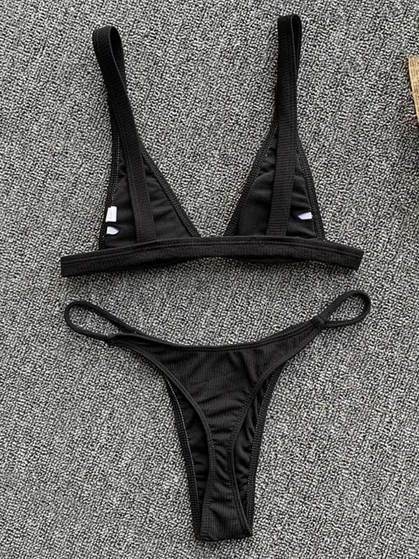 Solid Color Triangle Split Bikini Swimsuit